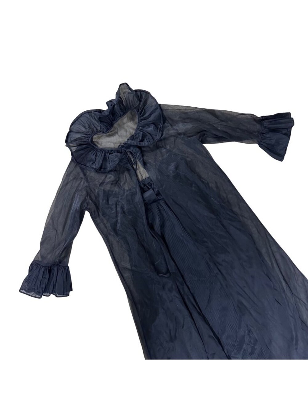 Vintage Nightgown Robe Set Black 1970s USA Union Made Ruffles Sexy Medium